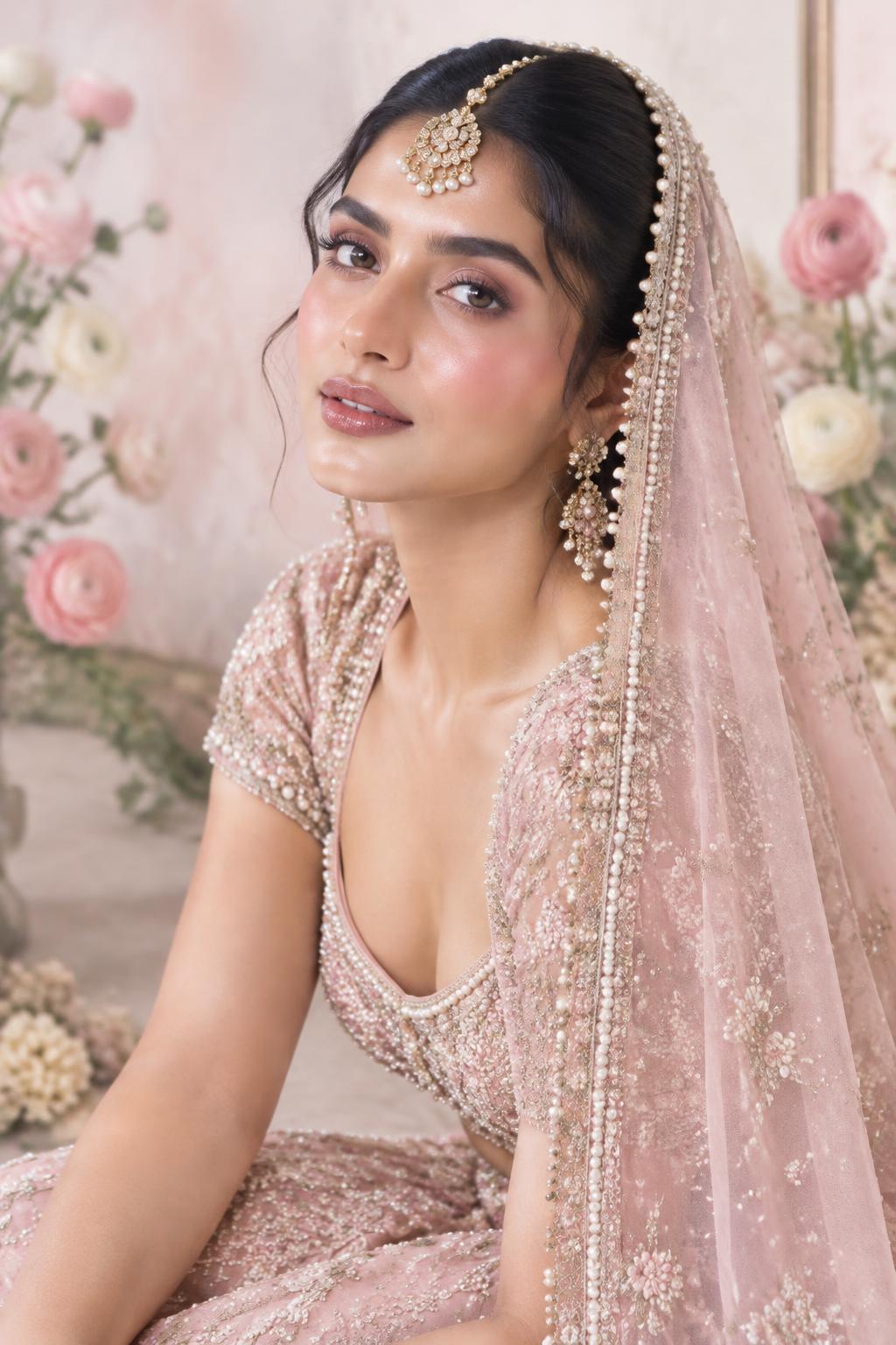 Bride with glass-skin bridal makeup in soft pastel lehenga